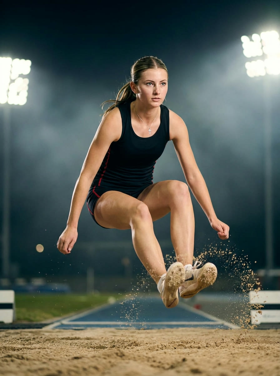 Skyla mid-flight in the long jump